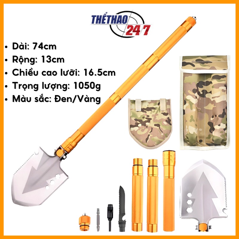 Xẻng phượt, dã ngoại, làm vườn mini, xẻng quân dụng đa năng Cao Cấp, gấp gọn 13 chức năng tiện lợi (Loại Xịn)