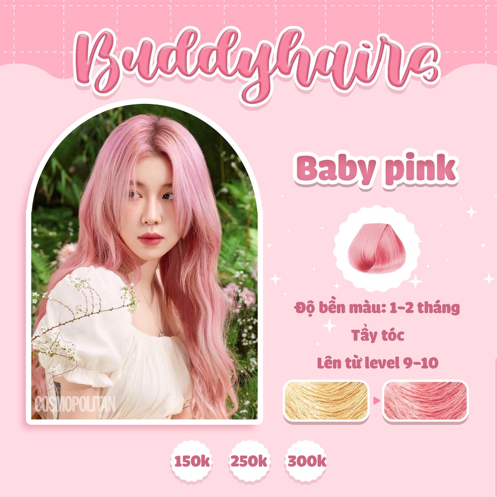 Thuốc nhuộm tóc BABY PINK, Thuốc nhuộm Hồng Pastel Buddyhairs TẶNG KÈM găng tay,mũ trùm, 1 tẩy tóc nhỏ 50k tiện ích