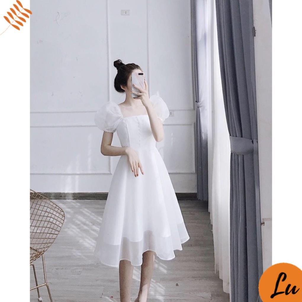 Đầm Xoè nữ LuShop Váy Công Chúa Tay Phồng Đính Nút May 2 Lớp hợp với Dự Tiệc Dạo Phố Đi Chơi Hàng Cao Cấp Giá Tốt