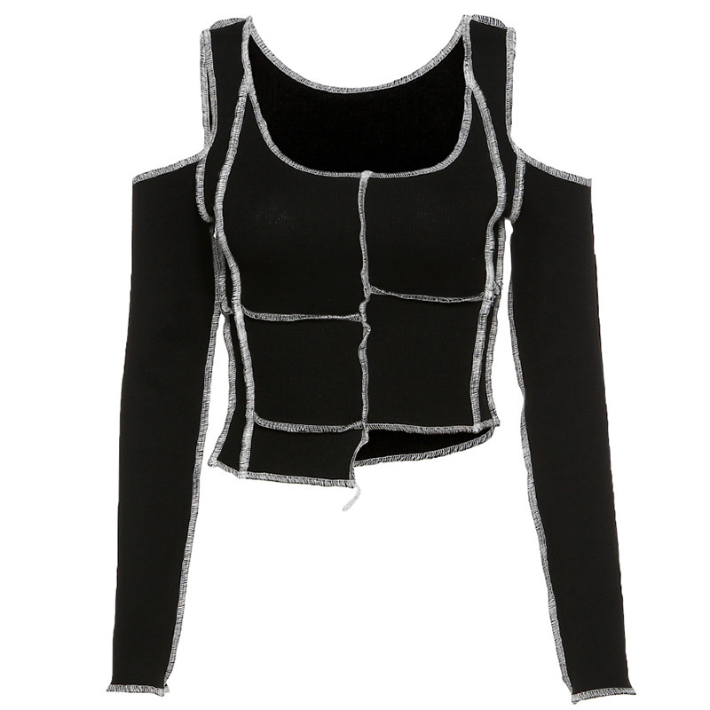 DUNEA COD Women's New Irregular Slim Hollow Strapless Long Sleeve T-Shirt