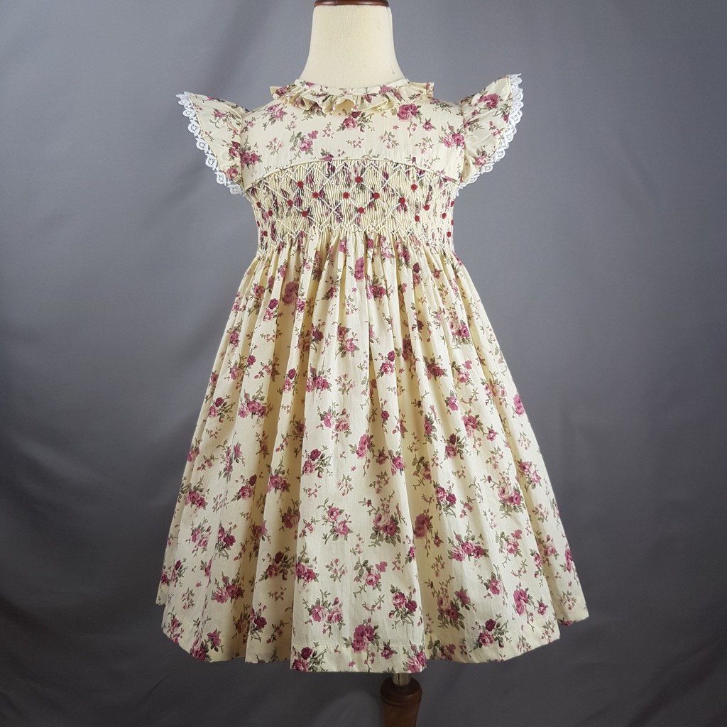 Váy đầm smock bé gái thêu tay thủ công họa tiết hoa hoa hồng cổ bèo tay phối ren,vải cotton mát SM03