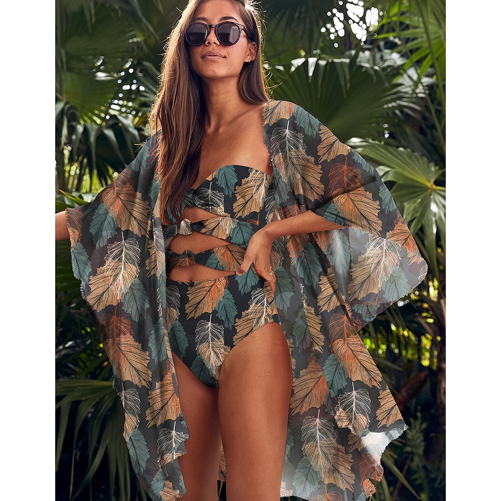 Áo Choàng Che Phủ Đồ Bơi Đi Biển/Bikini Dài In Họa Tiết Lá Che Phủ Đồ Bơi