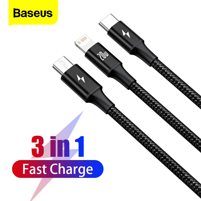 Dây sạc 3 đầu sạc nhanh 20w Baseus ip type c micro - Cáp 3 in 1 bọc dù dùng cho ios và andoird