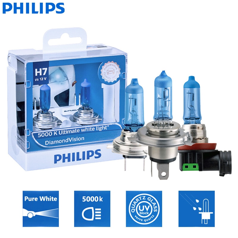 Đèn ô tô Philips Halogen Đèn kim cương xanh Philips H1 H4 H7 H8 H11 HB3 HB4 Cặp đèn pha