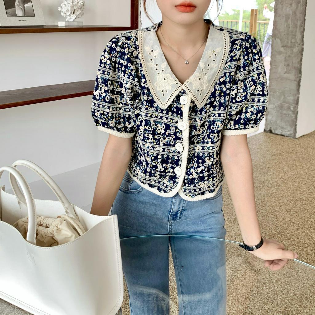 Áo Kiểu Nữ Tay Ngắn Cổ Búp Bê Họa Tiết Hoa Phong Cách Retro Hàn Quốc Xinh Xắn 43350 | BigBuy360 - bigbuy360.vn