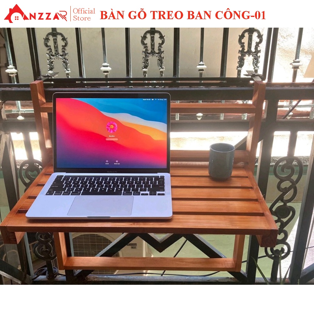 Bàn gỗ treo ban công gấp gọn kích thước D56cmxR35cm chất liệu gỗ thông nhập khẩu cao cấp Anzzar BBC-01