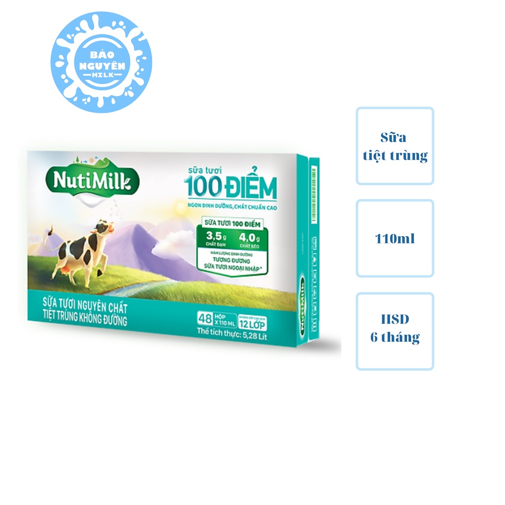 Thùng 48 hộp NutiMilk Sữa tươi 100 điểm - Sữa tươi tiệt trùng 110ml (Có đường, ít đường, Đường đen, Không đường)