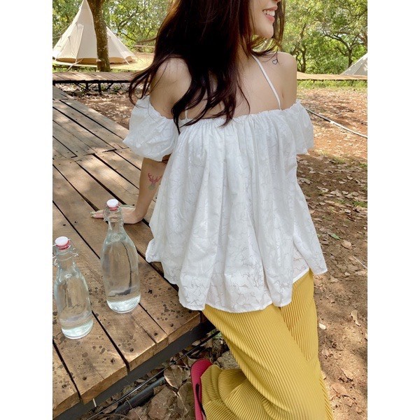 Áo trễ vao cổ yếm voan hoa xoè Forgirl tay bồng 2 lớp cao cấp