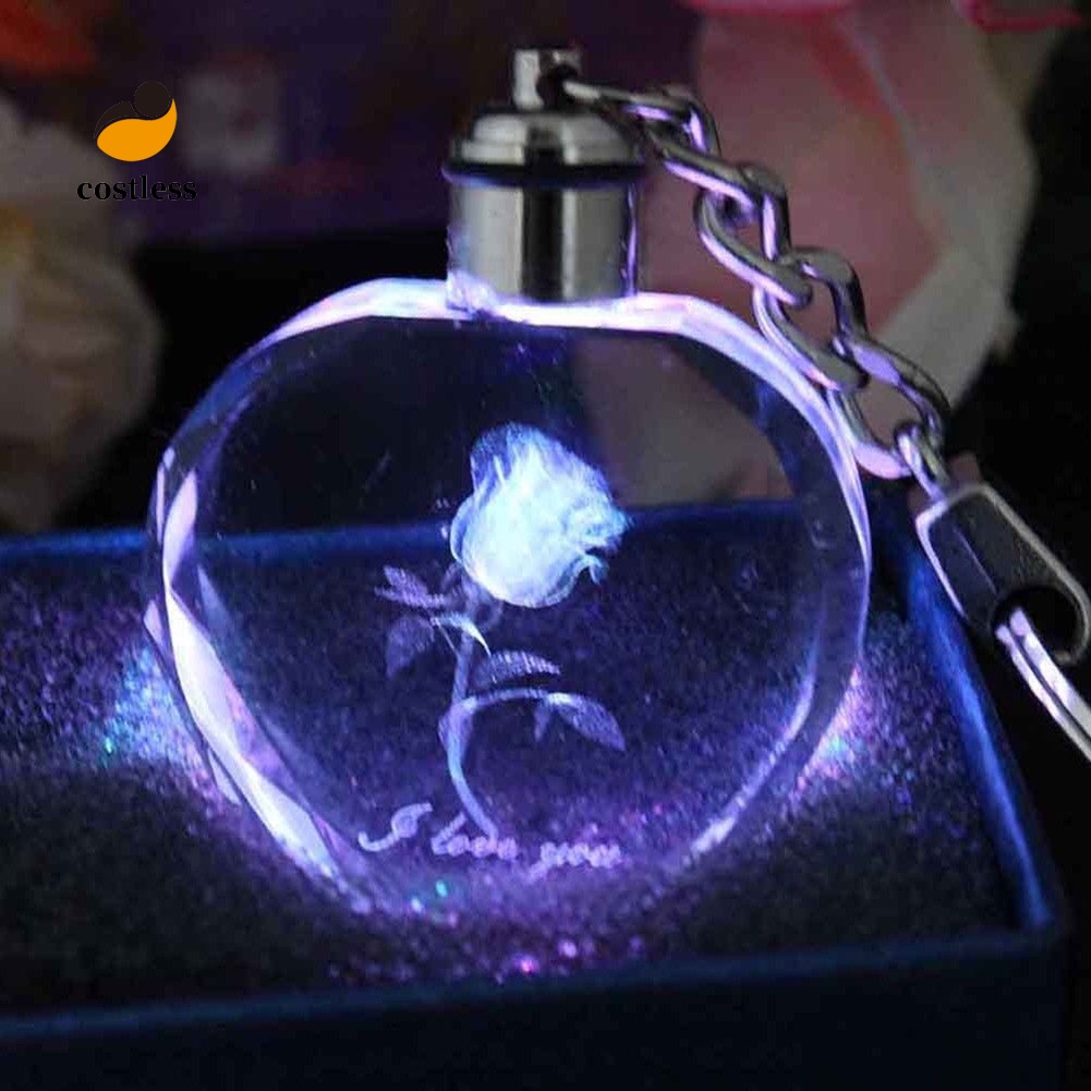 Móc khóa hình trái tim và hình hoa hồng bên trong có đèn led đổi màu độc đáo cho cặp đôi