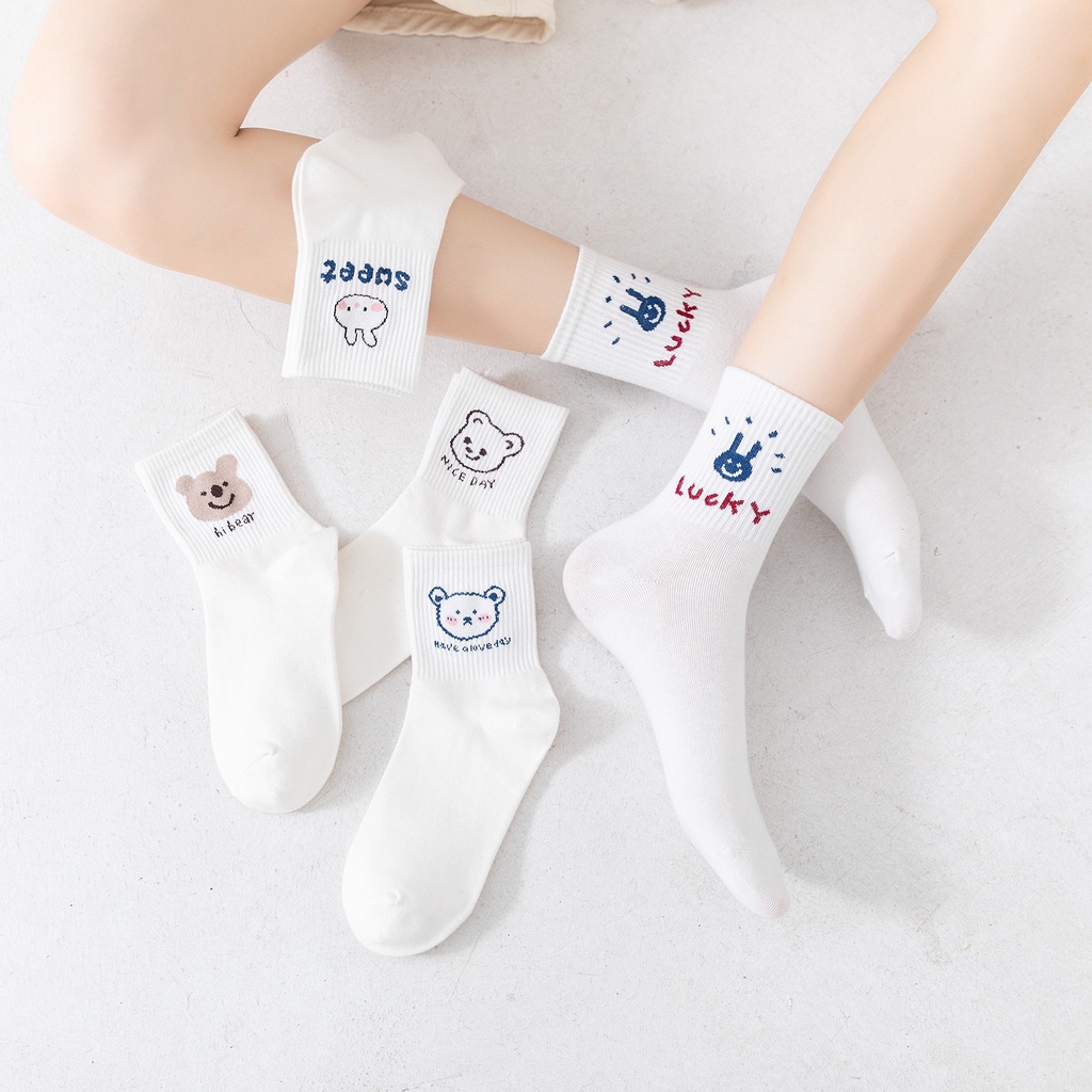 Set 5 Đôi Tất Gấu Trắng Cổ Cao,Vớ Nữ Họa Tiết Gấu Màu Trắng Phong Cách Hàn Siêu Cute