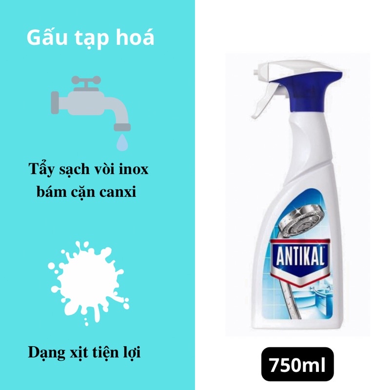 Bình xịt Antikal tẩy cặn canxi trên inox, vách ngăn kính nhà tắm, tường trong nhà tắm 750ml - hàng Đức