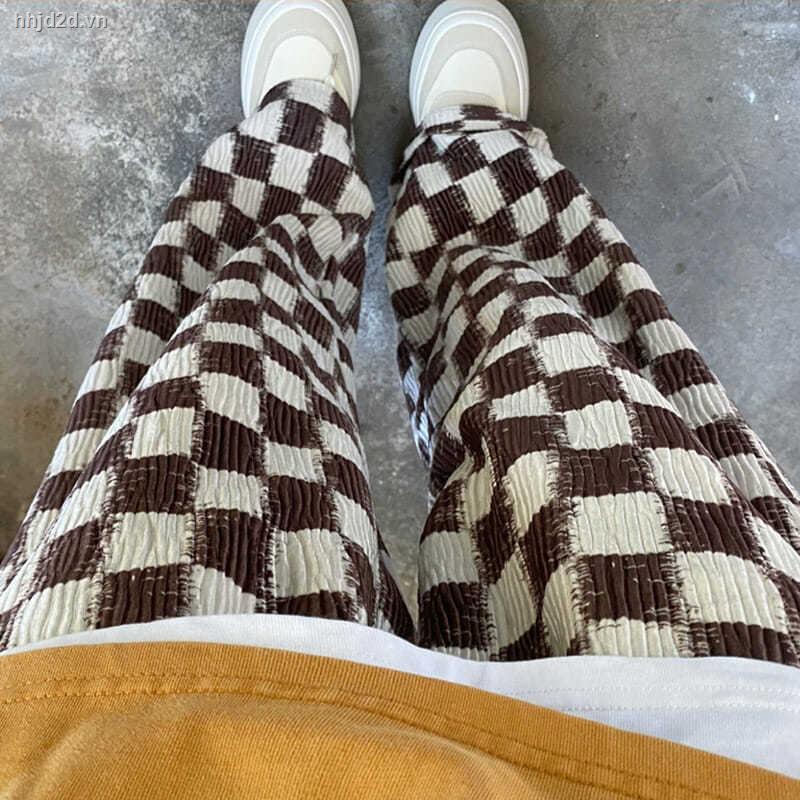 Quần dài ống rộng dáng suông in họa tiết caro/đen viền hông thời trang thu đông hàng mới