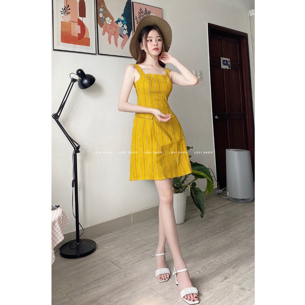 Đầm 2d kaki sọc 3 màu  Lovi
