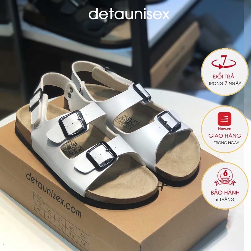 Sandal Detaunisex giày dép đế trấu nam nữ hai quai ngang phối khoá da PU màu trắng