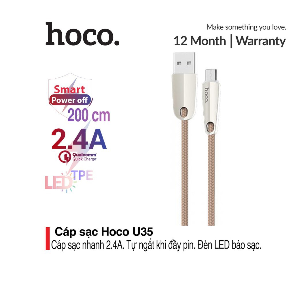 Cáp sạc nhanh 2.4A Hoco U35 Micro hỗ trợ truyền dữ liệu tự ngắt khi pin đầy dài 2M cho Android