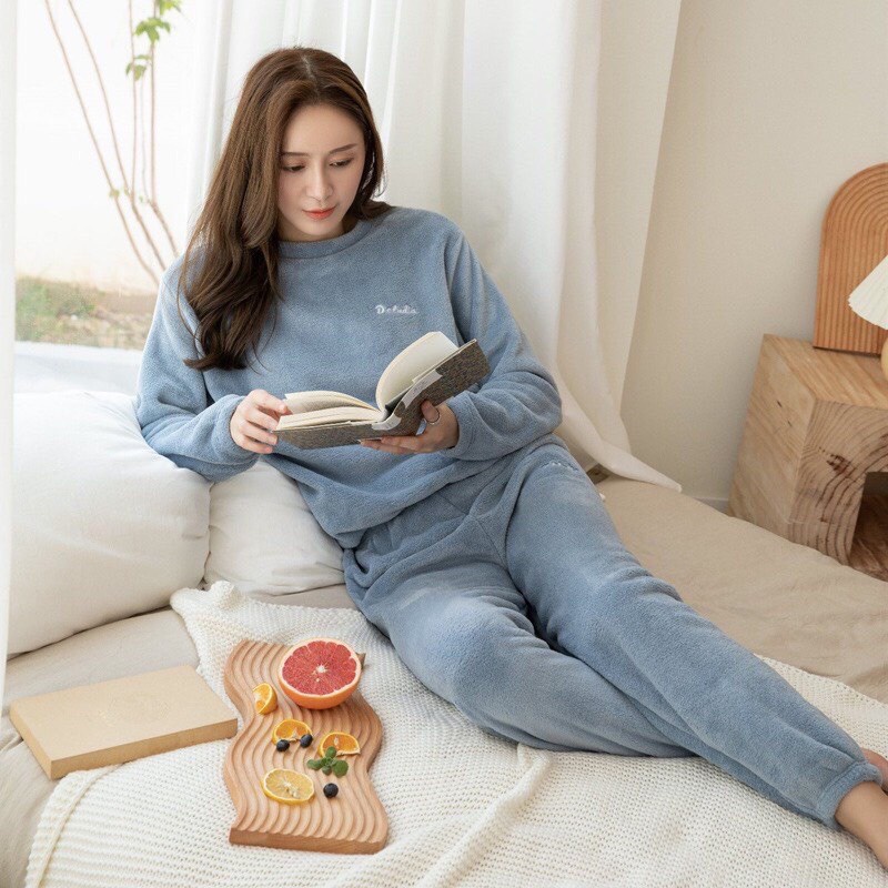 Bộ Nỉ Bông Mềm Mịn Siêu Ấm Mặc Nhà Cho Nữ, Quần Bo Gấu Thêu Chữ D.Studio,