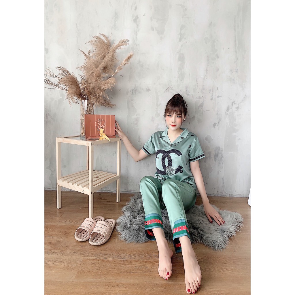 Bộ ngủ lụa in 3D cao cấp tay cộc quần dài