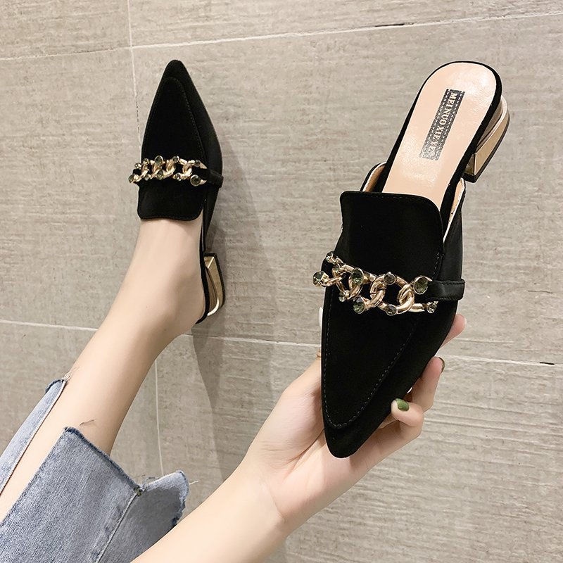 Baotou nửa dép phụ nữ 2022 mùa hè mới mũi nhọn giày mules phiên bản Hàn Quốc giày dép rhinestone phụ nữ