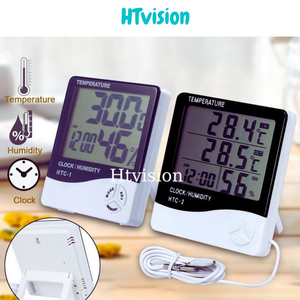 Nhiệt ẩm kế điện tử LCD đo nhiệt độ độ ẩm trong phòng kiêm đồng hồ báo thức HTC-1 và HTC 2