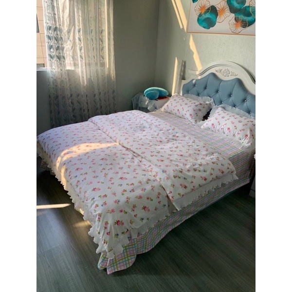 Bộ chăn ga kèm 2 vỏ gối COTTON TICI ĐŨI viền bèo vintage ( ko kèm ruột) | BigBuy360 - bigbuy360.vn