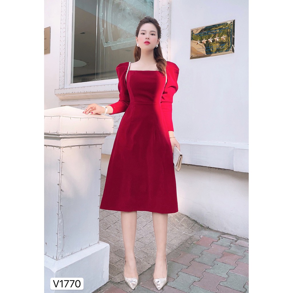 Váy nhung đỏ viền ngọc V1770 - - Đẹp Shop DVC - Kèm ảnh thật trải sàn do shop tự chụp | BigBuy360 - bigbuy360.vn