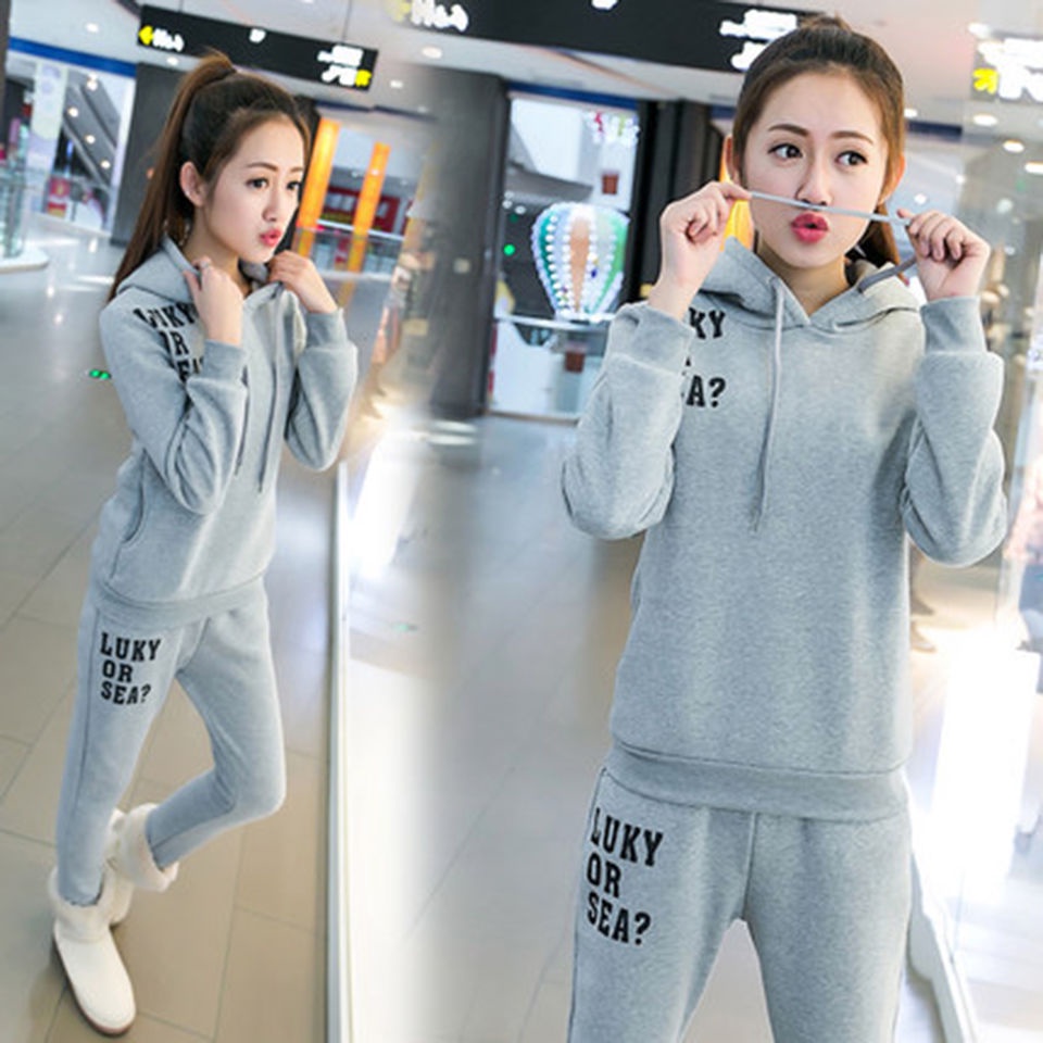 ❤Set đồ thể thao phối nhung dày có mũ trùm✪Bộ đồ thời trang mùa đông dành cho nữ | BigBuy360 - bigbuy360.vn