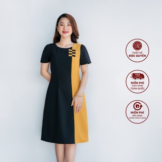 Đầm suông thiết kế cổ tròn tay ngắn đen phối vàng TTV1044