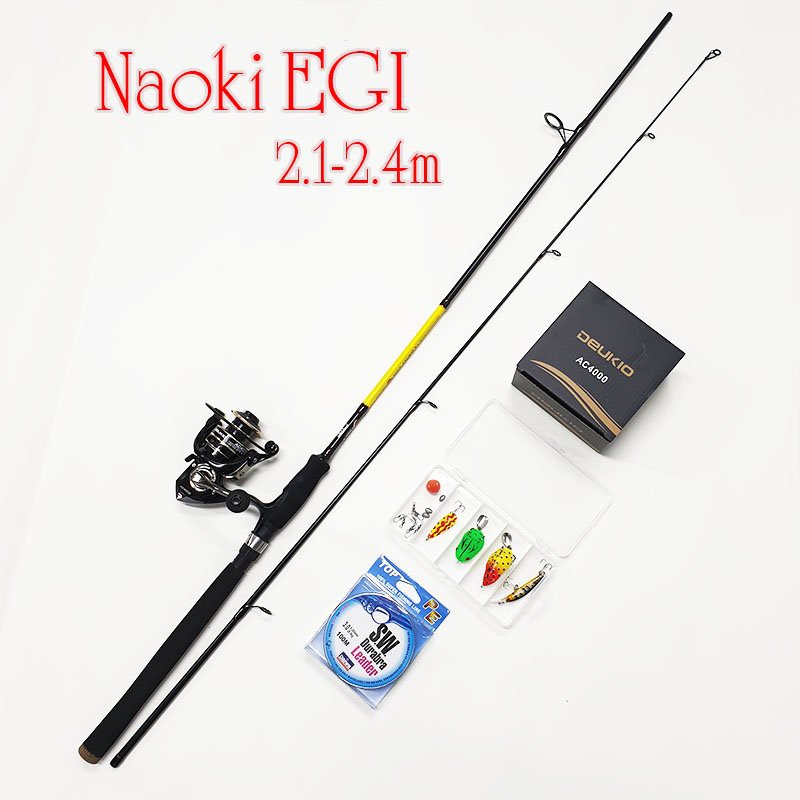Bộ cần câu cá lure máy đứng Naoki EGI Máy kim loại Deukio AC4000 kèm hộp mồi câu lure B-lu-D02