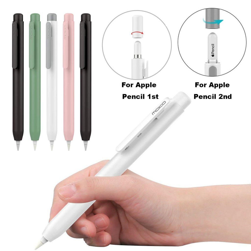 Ốp bảo vệ bút Moko tích hợp kẹp có thể thu gọn với nút lò xo kèm nắp cho Apple Pencil 1st/2nd