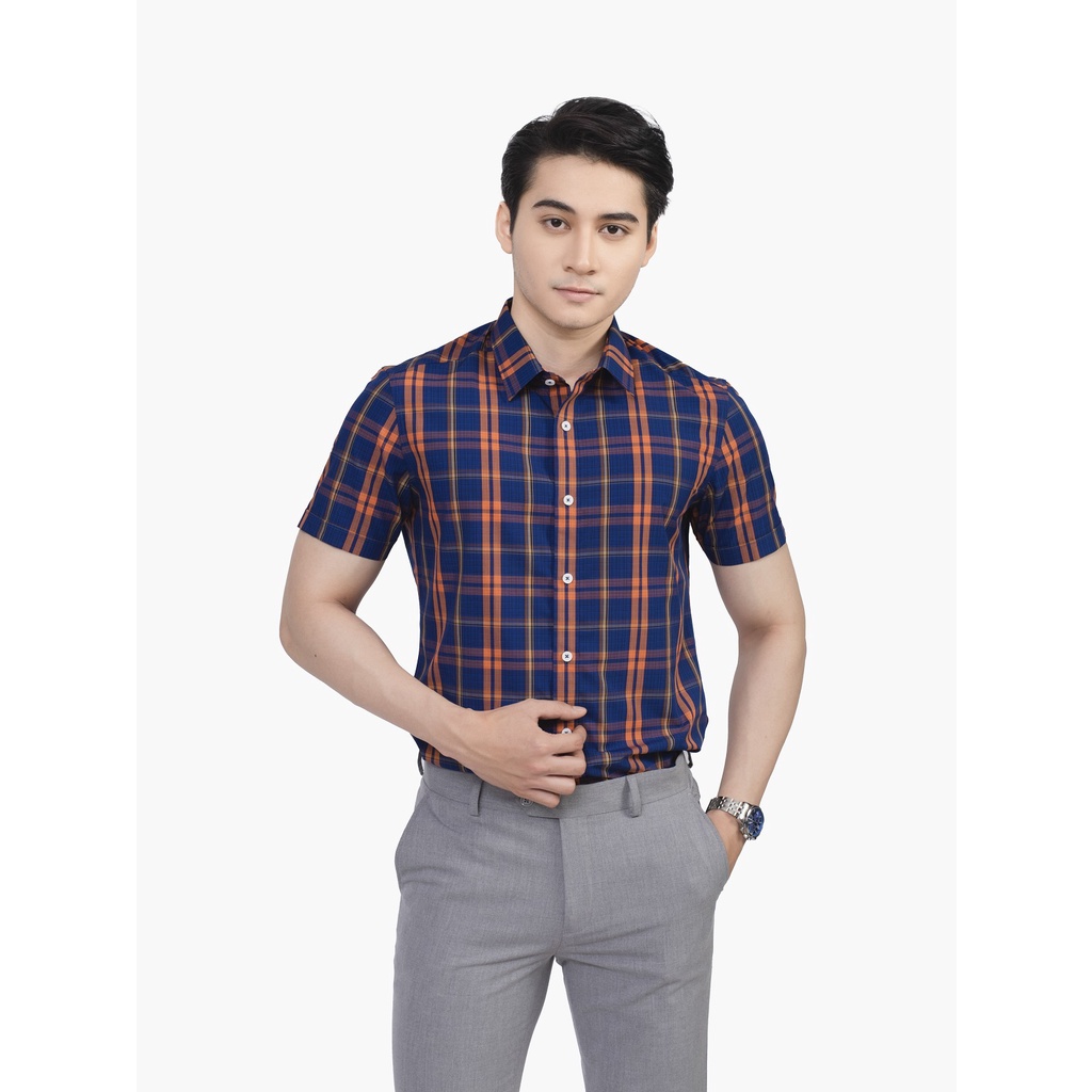 Áo Sơ Mi Nam Ngắn Tay ARISTINO ASS255S2 Somi Công Sở Cao Cấp Màu Xanh Kẻ Cam Vải Sợi Sồi Mềm Mát Dáng Ôm Không Túi