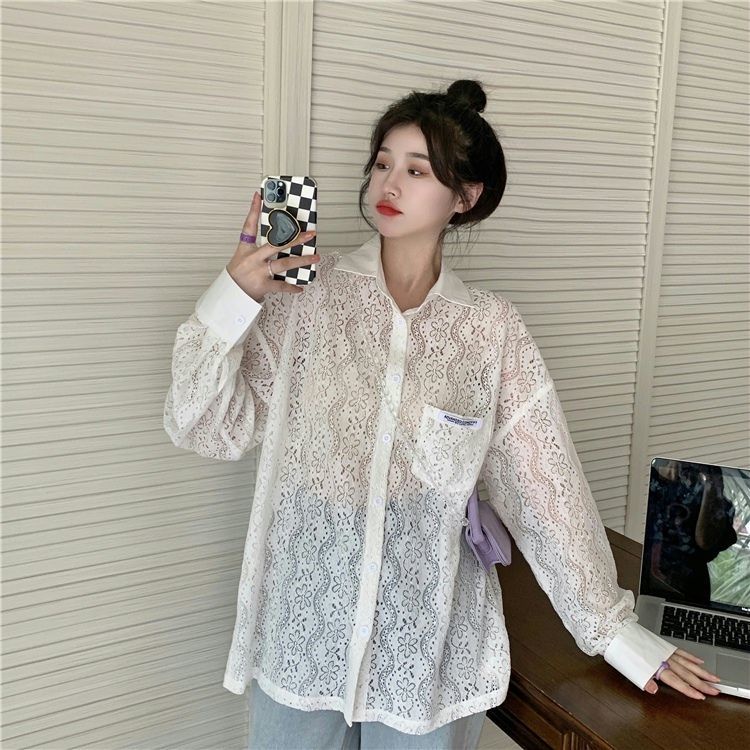 Áo không tay cổ chữ V/áo mi ren khoét rỗng phong cách Hàn Quốc