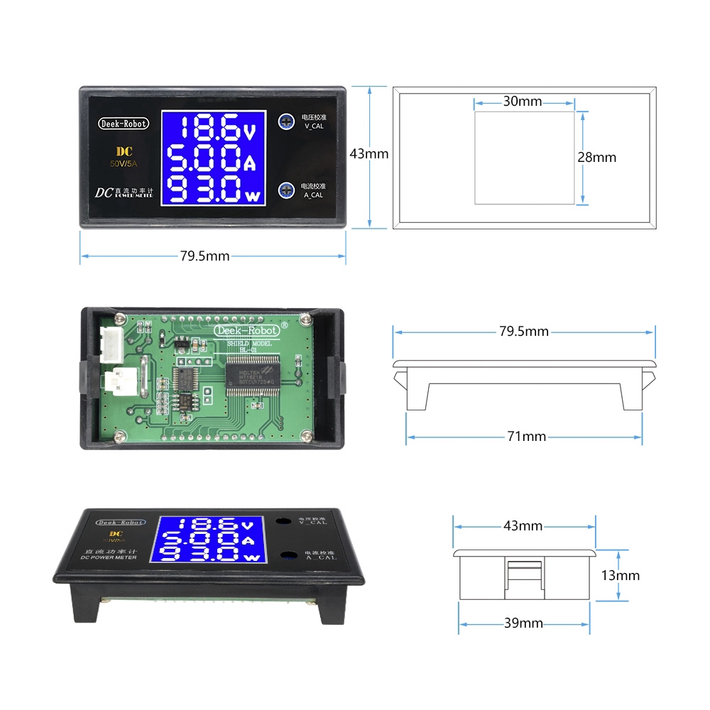 Đồng hồ đo điện năng/vôn kế/ampe kế kỹ thuật số màn hình LCD DC 50V 5A 250W