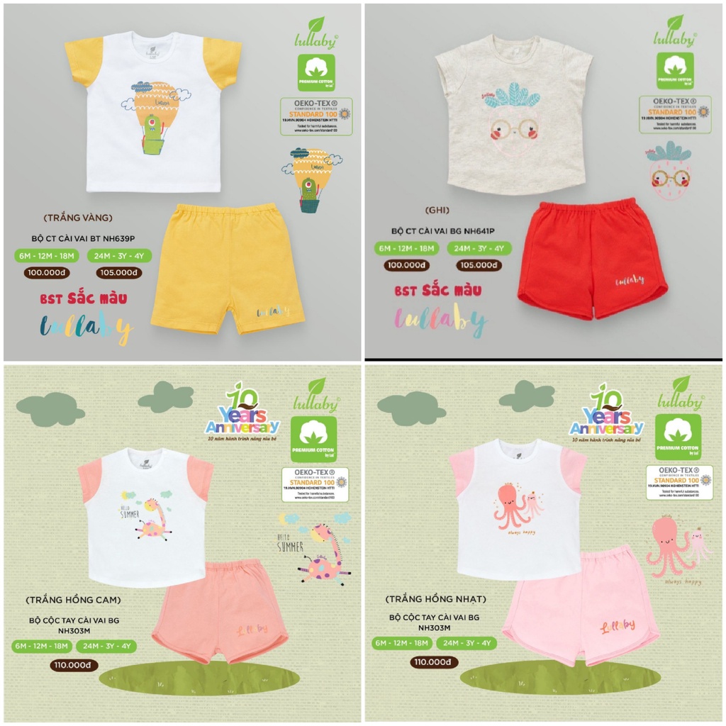 Bộ cộc tay cài vai cotton Lullaby cho bé (6m-4y)