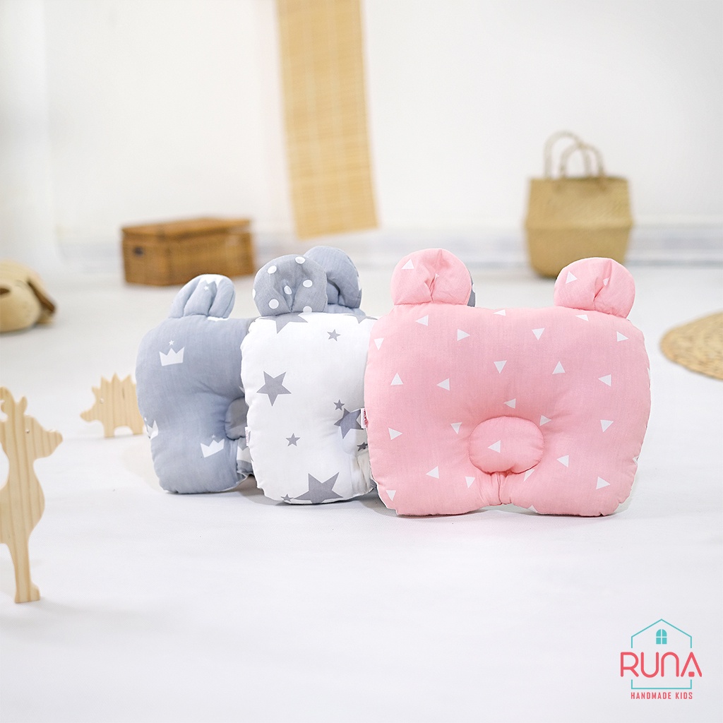 Gối lót chống bẹp đầu cho trẻ sơ sinh RUNA KIDS Cotton Hàn 100% hình tai thú đáng yêu mềm mịn giúp bé ngủ ngon