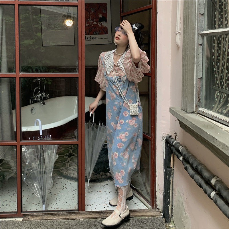 Váy treo in hoa hồng denim hai mảnh mùa hè 2023 dài họa tiết hoa váy treo váy denim