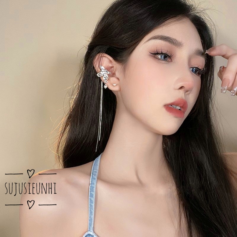 (không xỏ) khuyên tai hình bướm 3 cánh tua dài kẹp vành màu bạc đính ngọc nhân tạo