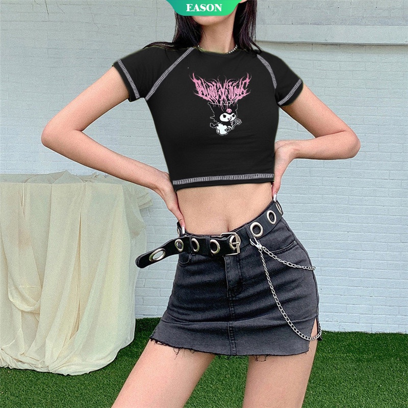 SANRIO Áo Croptop Tay Ngắn Phong Cách Gothic Harajuku Thời Trang Mùa Hè 2022 Kuromi Dành Cho Bạn Nữ Y2k
