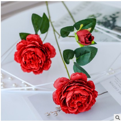 Hoa hồng ngoại trang trí nhân tạo cành 3 bông, mẫu đơn giả phong cách châu âu, hoa giả sài gòn