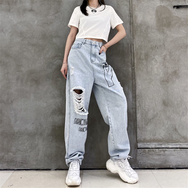 Jiashucheng Quần Jean Dài Lưng Cao Ống Rộng Phối Rách In Họa Tiết Cá Tính
