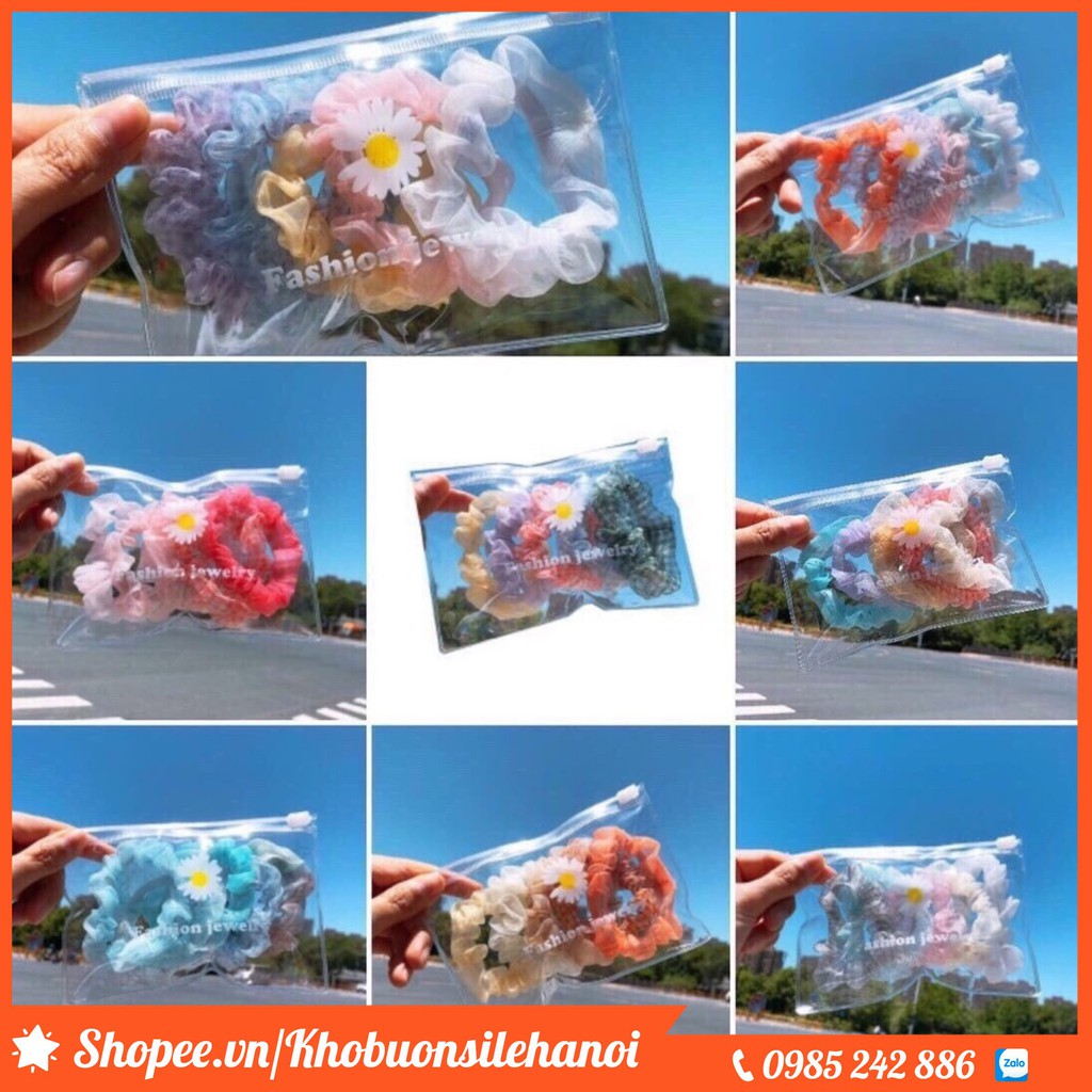 SET 5 Dây Buộc Tóc Scrunchies Hoa Cúc Siêu Xinh Đựng Túi Zip #CZ_501