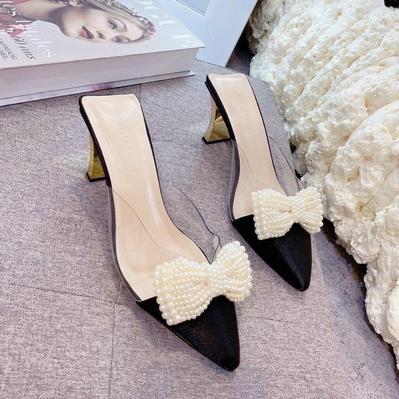 Giày sục gót màu vàng xinh  xắn bản nơ hột châu cao 7cm da mờ quai Mika hót.