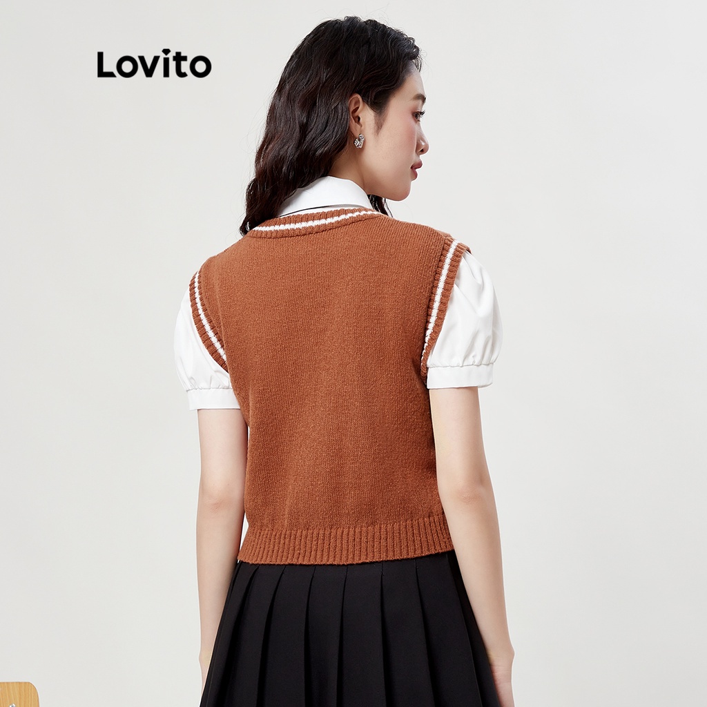 Lovito Preppy Colorblock V Cổ nữ dệt kim trên cùng L33ED056 (Nâu)