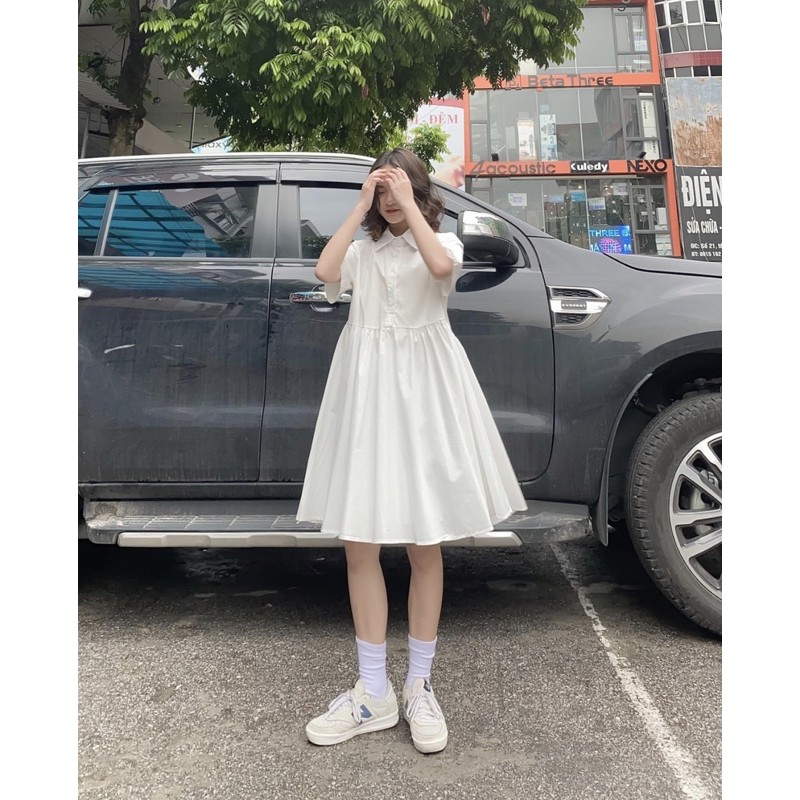 (CLIP THẬT) Đầm babydoll trắng cổ sơ mi dáng xòe | BigBuy360 - bigbuy360.vn