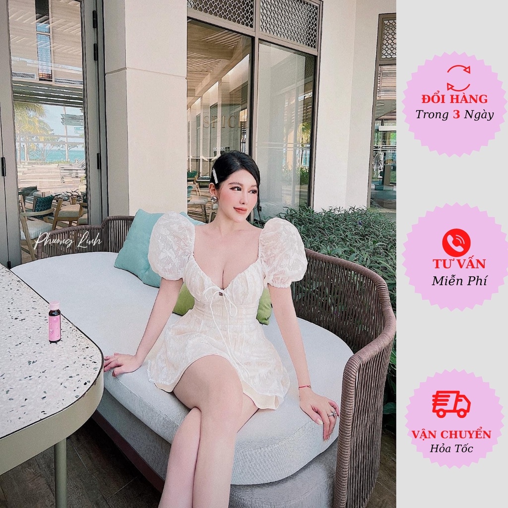 Váy hoa nhí nữ cúp ngực tay bồng thắt nơ dáng ngắn xòe tiểu thư đi tiệc cưới Hàn Quốc