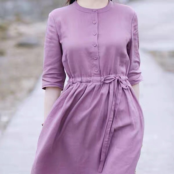 Đầm Linen rút eo, cổ tròn tôn dáng