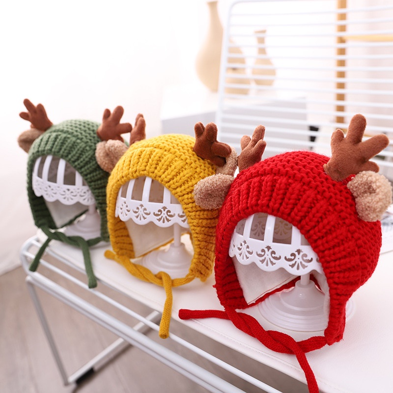 Mũ Beanie Dày Dặn Giữ Ấm Tai Tuần Lộc Dễ Thương Cho Bé