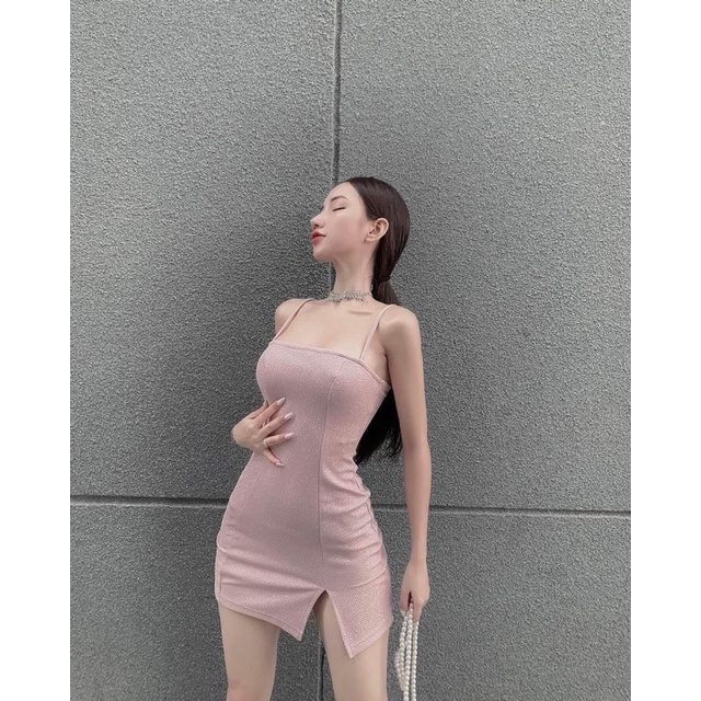 Đầm Body 2 Dây Basic Xẻ Chất Kim Sa Lấp Lánh