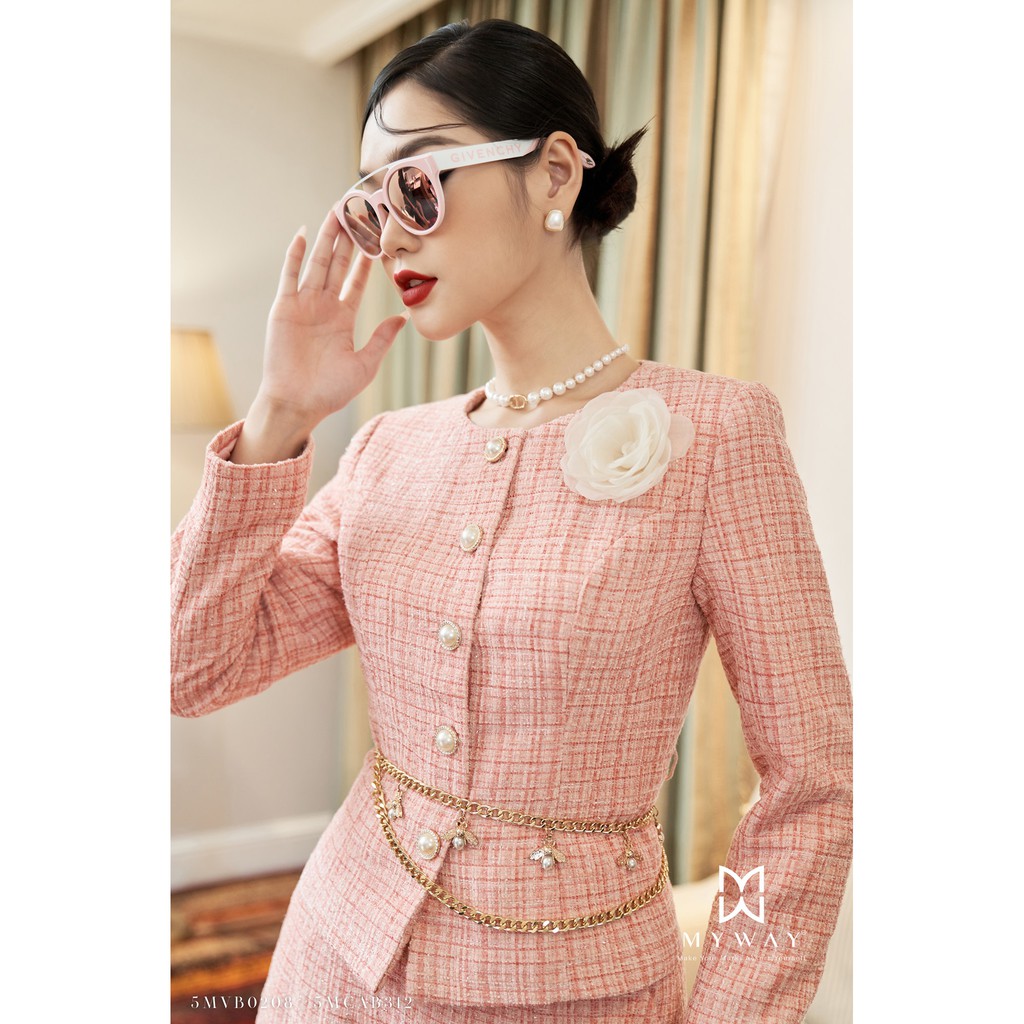 Áo Vest Dạ Tweed Nữ MY WAY Cổ Tròn Kèm Đai Sang Trọng 5MVB0208