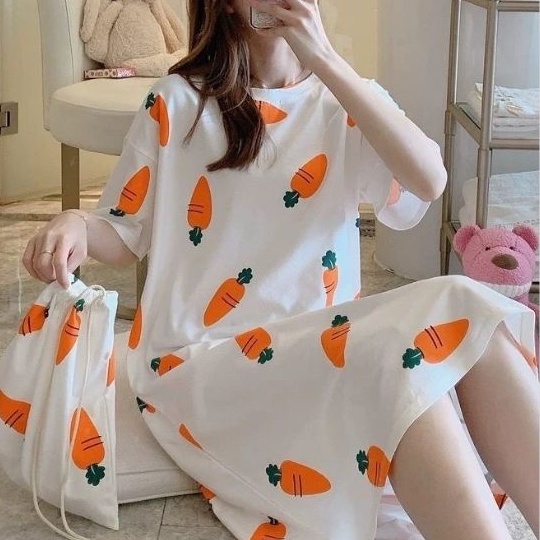 Váy Ngủ Nữ Cộc Tay HATIBO Chất Liệu Cotton Mềm Mát, Đầm Ngủ Mặc Nhà Dáng Suông Dễ Thương