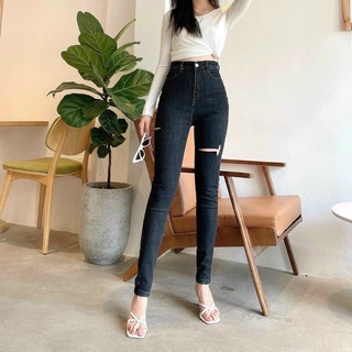 Jeans dài nữ lưng cao co giãn rách pt